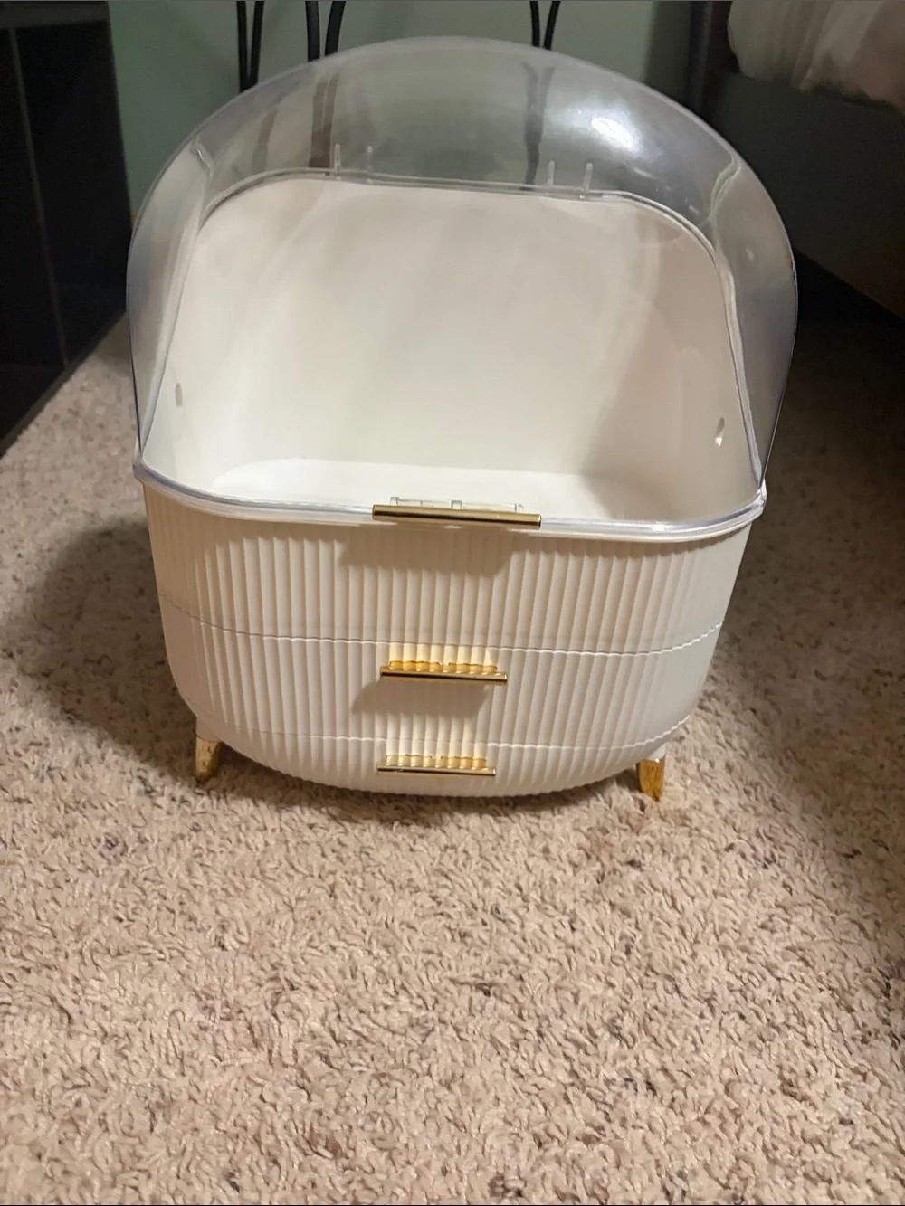 White Cosmetic Organizer with Clear Dome and Gold Accents